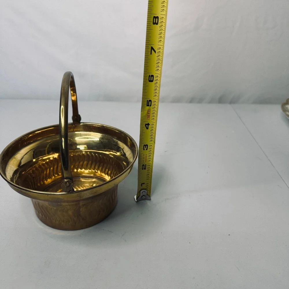 Vintage Brass Basket Bowl with Handle Made in India Fluted Embossed Decorative